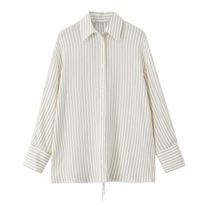 Boyfriend Shirt in Striped Silk Satin Craie Marine | Womens Shirts And Tops