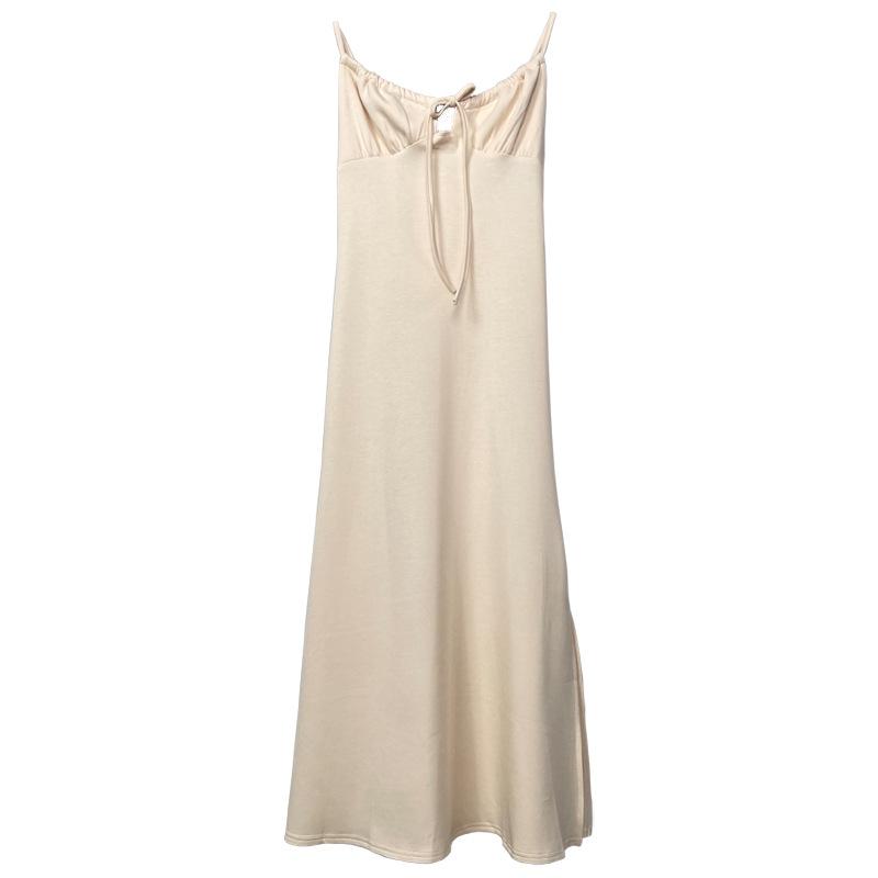 long slip dress in silk satin and lace Craie | Womens Dresses And Skirts