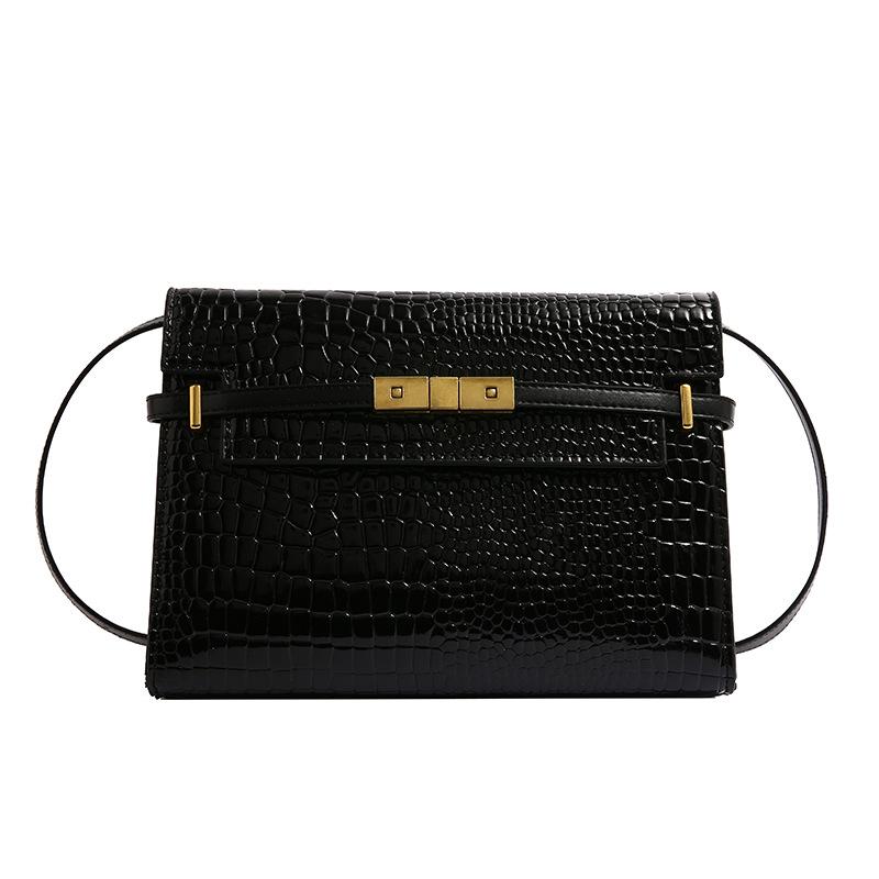 MANHATTAN small in shiny crocodile-embossed leather Black | Womens Shoulder Bags