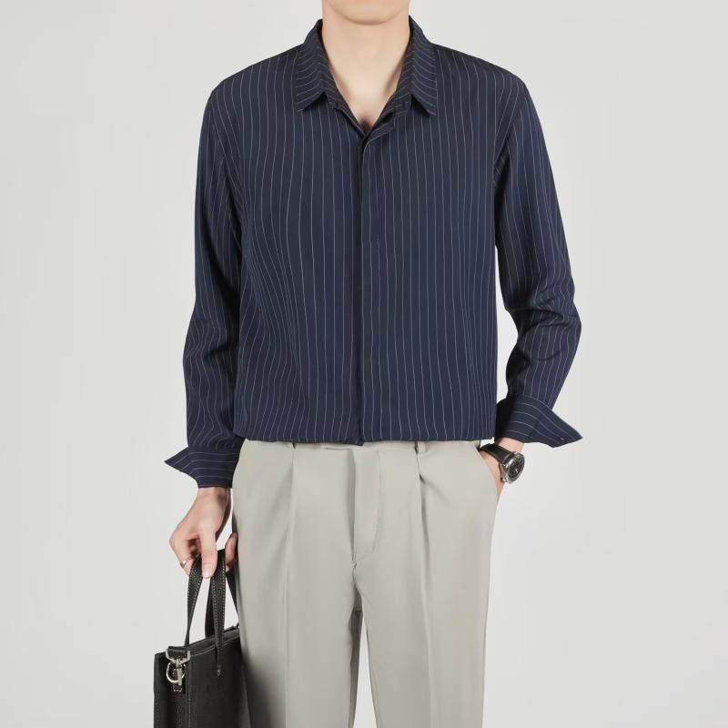 Shirt in Striped Silk Crepe de Chine Marine | Mens Shirts